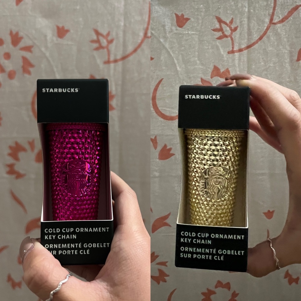 NIB! STARBUCKS sangria + gold chrome studded keychain/ornament set (2)